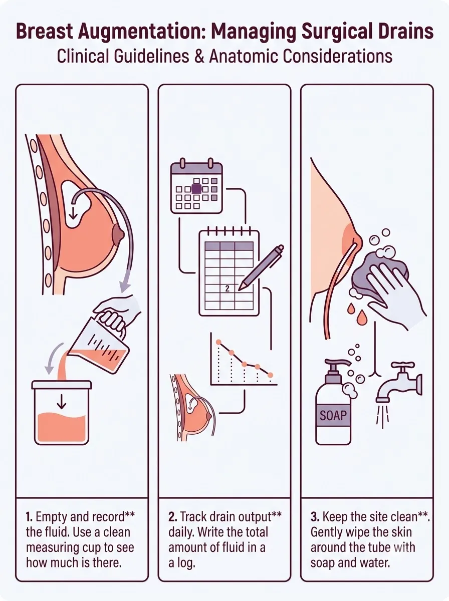 Medical schematic diagram illustrating managing surgical drains in breast augmentation surgery by Dr. Vishal Purohit in Jaipur