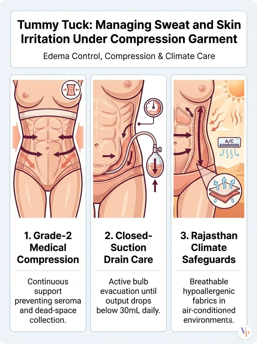Medical schematic diagram illustrating Managing Sweat and Skin Irritation Under Compression Garments in tummy tuck surgery by Dr. Vishal Purohit in Jaipur