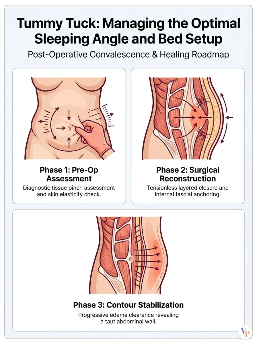 Medical schematic diagram illustrating Managing the Optimal Sleeping Angle and Bed Setup in tummy tuck surgery by Dr. Vishal Purohit in Jaipur