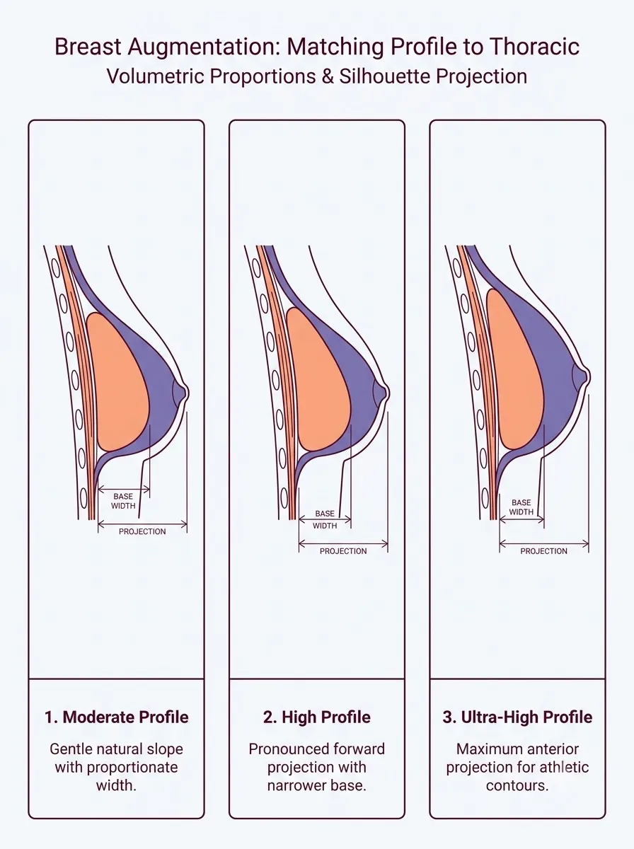 Medical schematic diagram illustrating matching profile to thoracic width for natural projection in breast augmentation surgery by Dr. Vishal Purohit in Jaipur