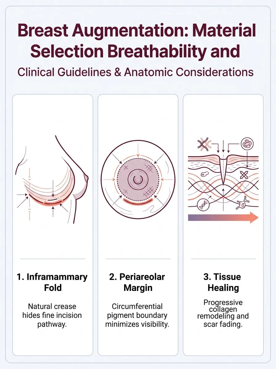 Medical schematic diagram illustrating material selection: breathability and skin integrity in breast augmentation surgery by Dr. Vishal Purohit in Jaipur
