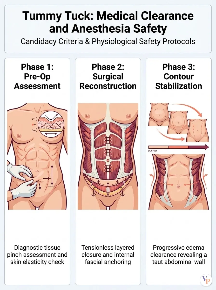 Medical schematic diagram illustrating Medical Clearance and Anesthesia Safety in tummy tuck surgery by Dr. Vishal Purohit in Jaipur
