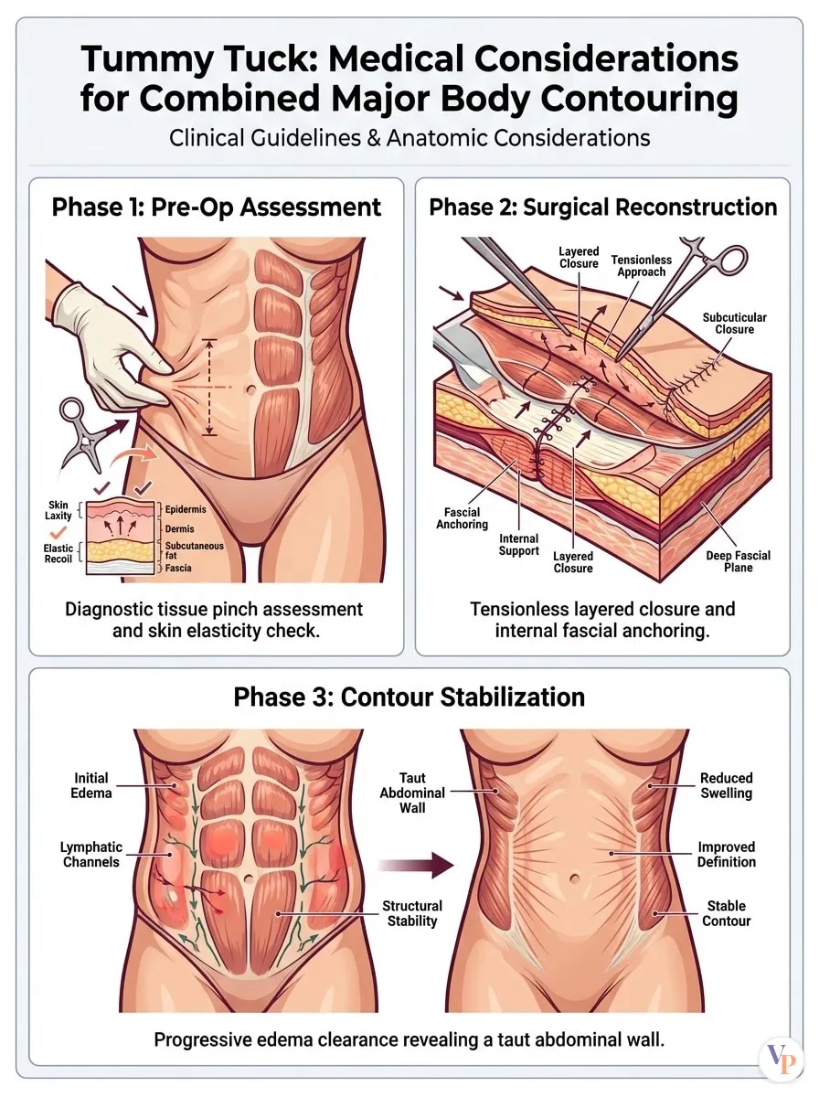 Medical schematic diagram illustrating Medical Considerations for Combined Major Body Contouring in tummy tuck surgery by Dr. Vishal Purohit in Jaipur
