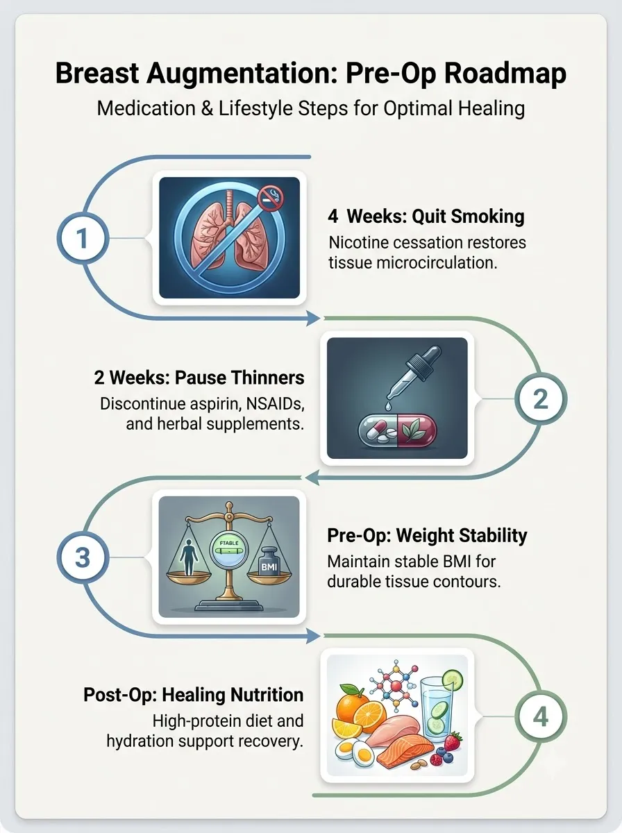 Medical schematic diagram illustrating medication and lifestyle factors in breast augmentation surgery by Dr. Vishal Purohit in Jaipur