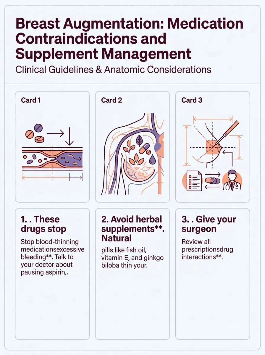 Medical schematic diagram illustrating medication contraindications and supplement management in breast augmentation surgery by Dr. Vishal Purohit in Jaipur