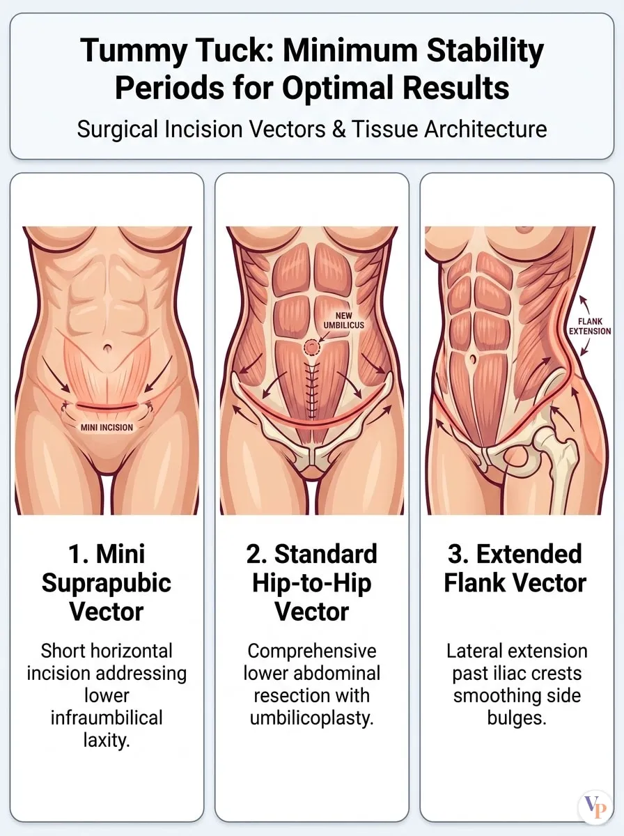 Medical schematic diagram illustrating Minimum Stability Periods for Optimal Results in tummy tuck surgery by Dr. Vishal Purohit in Jaipur