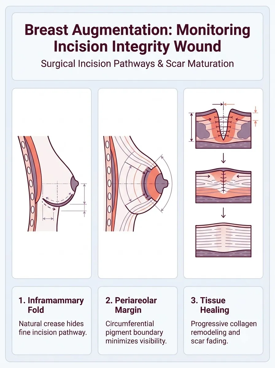 Medical schematic diagram illustrating monitoring incision integrity: wound dehiscence markers in breast augmentation surgery by Dr. Vishal Purohit in Jaipur