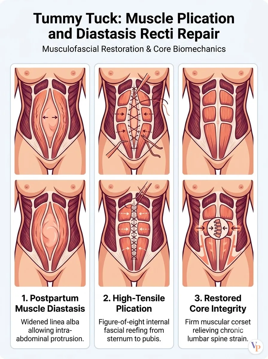 Medical schematic diagram illustrating Muscle Plication and Diastasis Recti Repair in tummy tuck surgery by Dr. Vishal Purohit in Jaipur