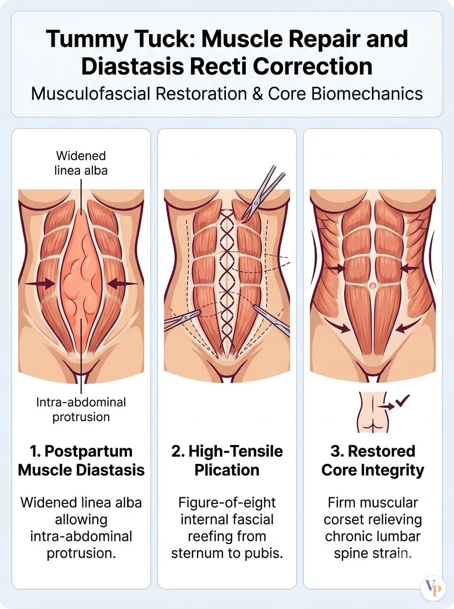Medical schematic diagram illustrating Muscle Repair and Diastasis Recti Correction in tummy tuck surgery by Dr. Vishal Purohit in Jaipur