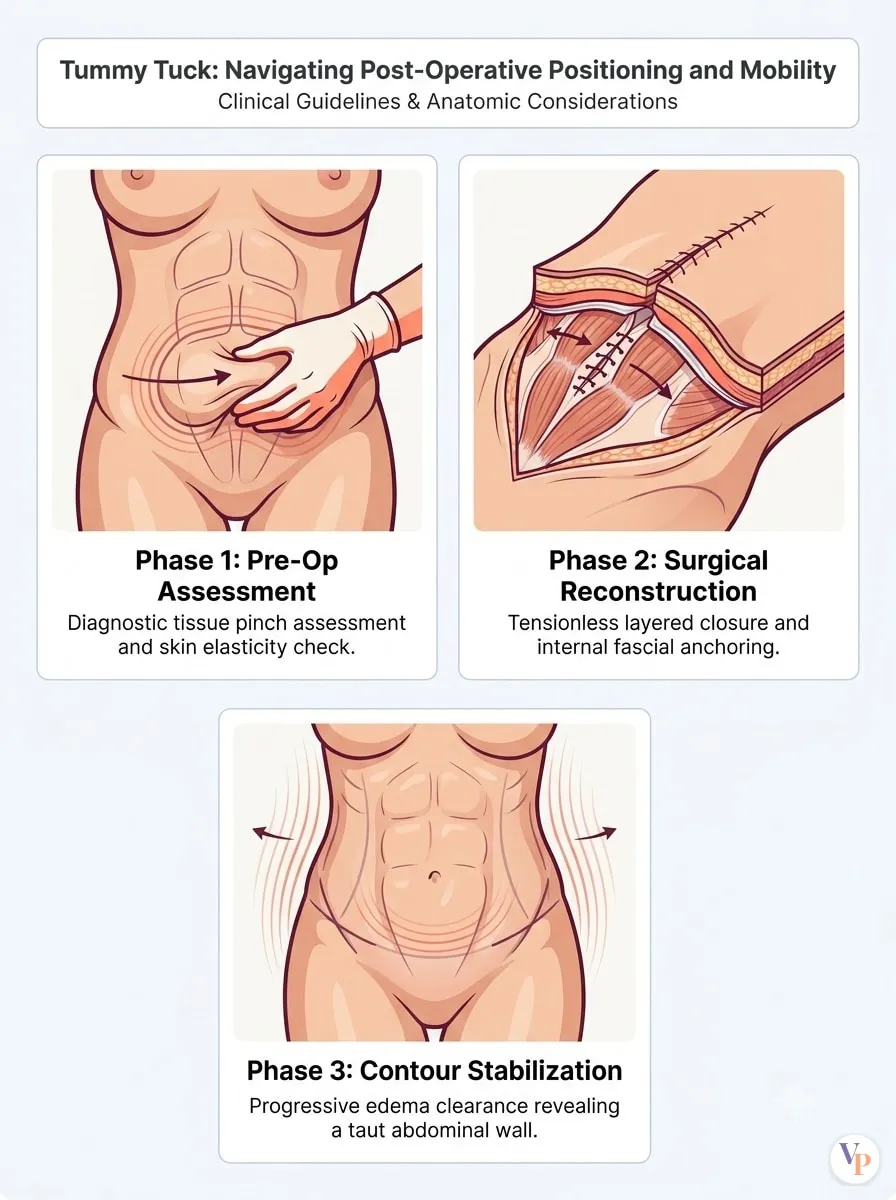 Medical schematic diagram illustrating Navigating Post-Operative Positioning and Mobility in tummy tuck surgery by Dr. Vishal Purohit in Jaipur