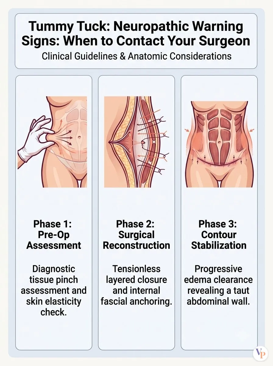 Medical schematic diagram illustrating Neuropathic Warning Signs: When to Contact Your Surgeon in tummy tuck surgery by Dr. Vishal Purohit in Jaipur