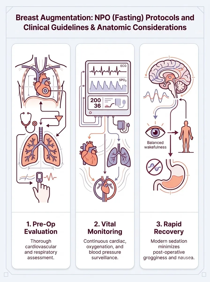 Medical schematic diagram illustrating npo (fasting) protocols and anesthesia safety in breast augmentation surgery by Dr. Vishal Purohit in Jaipur