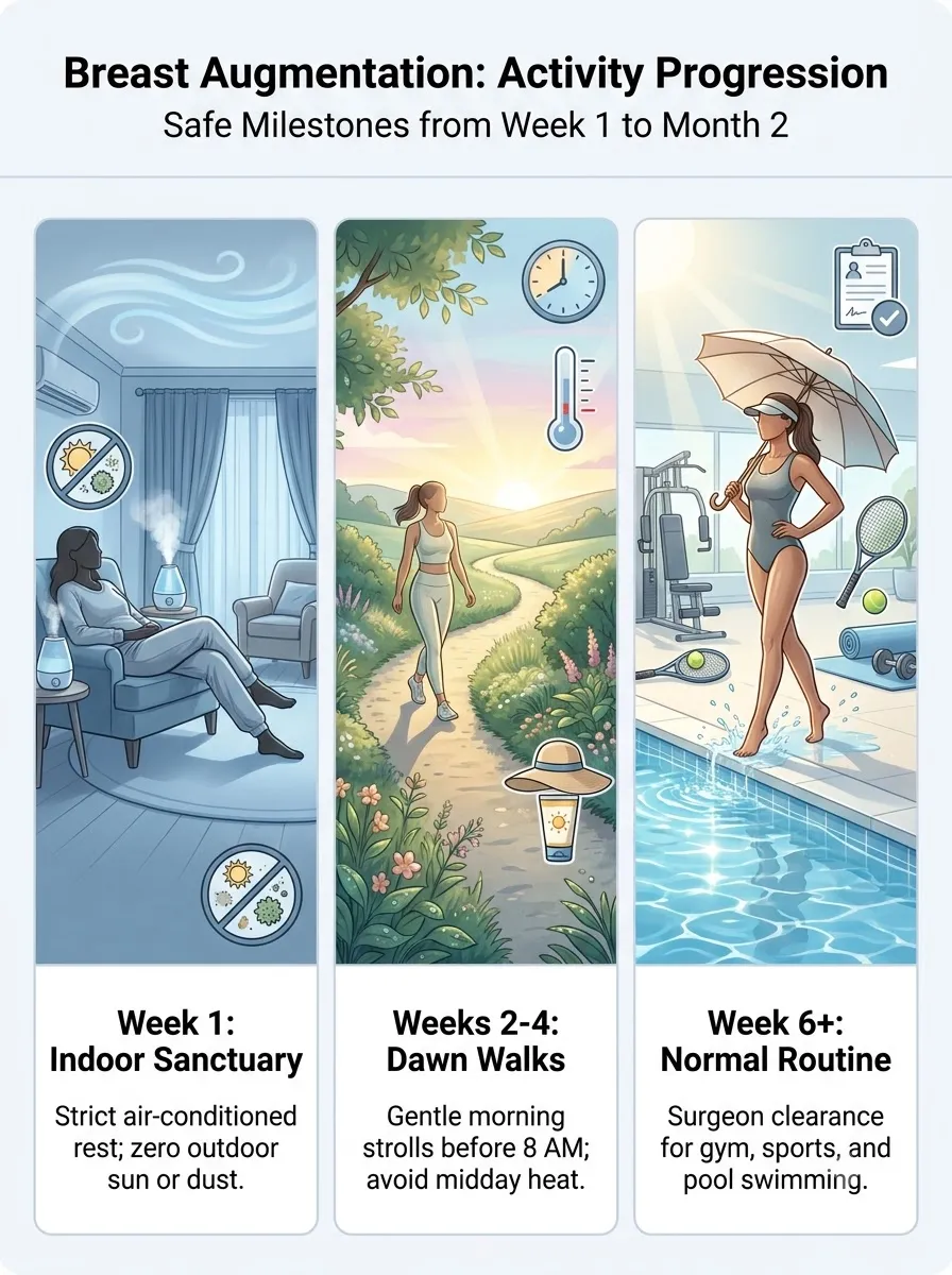 Medical schematic diagram illustrating outdoor environment activity restrictions in breast augmentation surgery by Dr. Vishal Purohit in Jaipur