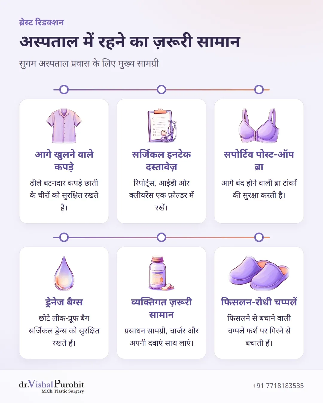 ब्रेस्ट रिडक्शन के लिए अस्पताल में ठहरने हेतु छह ज़रूरी चीज़ों का सारांश कार्ड