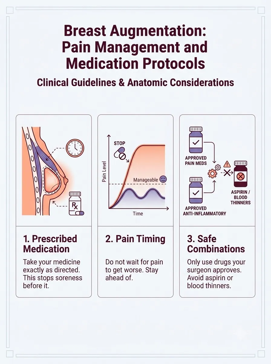 Medical schematic diagram illustrating pain management and medication protocols in breast augmentation surgery by Dr. Vishal Purohit in Jaipur