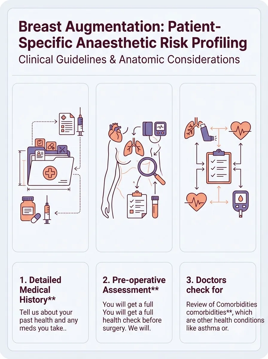 Medical schematic diagram illustrating patient-specific anaesthetic risk profiling in breast augmentation surgery by Dr. Vishal Purohit in Jaipur