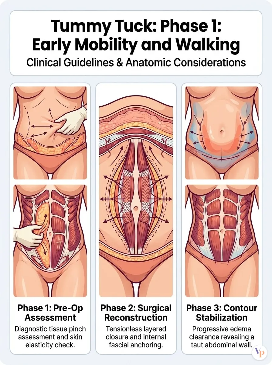 Medical schematic diagram illustrating Phase 1: Early Mobility and Walking in tummy tuck surgery by Dr. Vishal Purohit in Jaipur