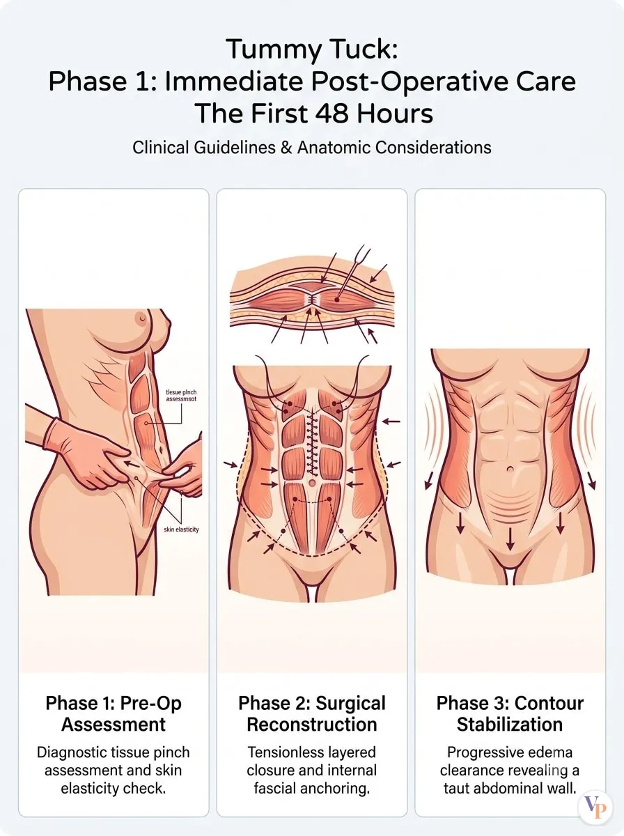 Medical schematic diagram illustrating Phase 1: Immediate Post-Operative Care (The First 48 Hours) in tummy tuck surgery by Dr. Vishal Purohit in Jaipur