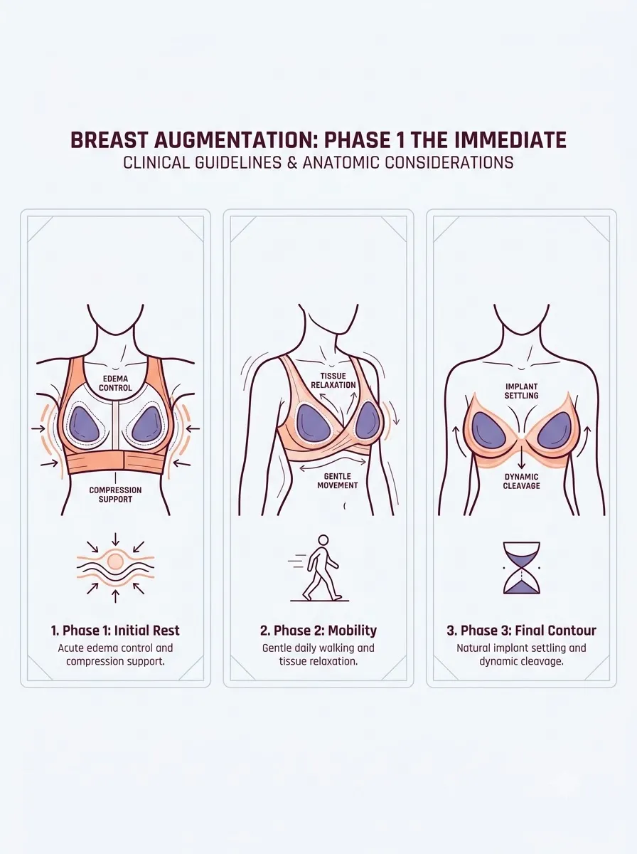 Medical schematic diagram illustrating phase 1: the immediate post-operative period (days 1-7) in breast augmentation surgery by Dr. Vishal Purohit in Jaipur