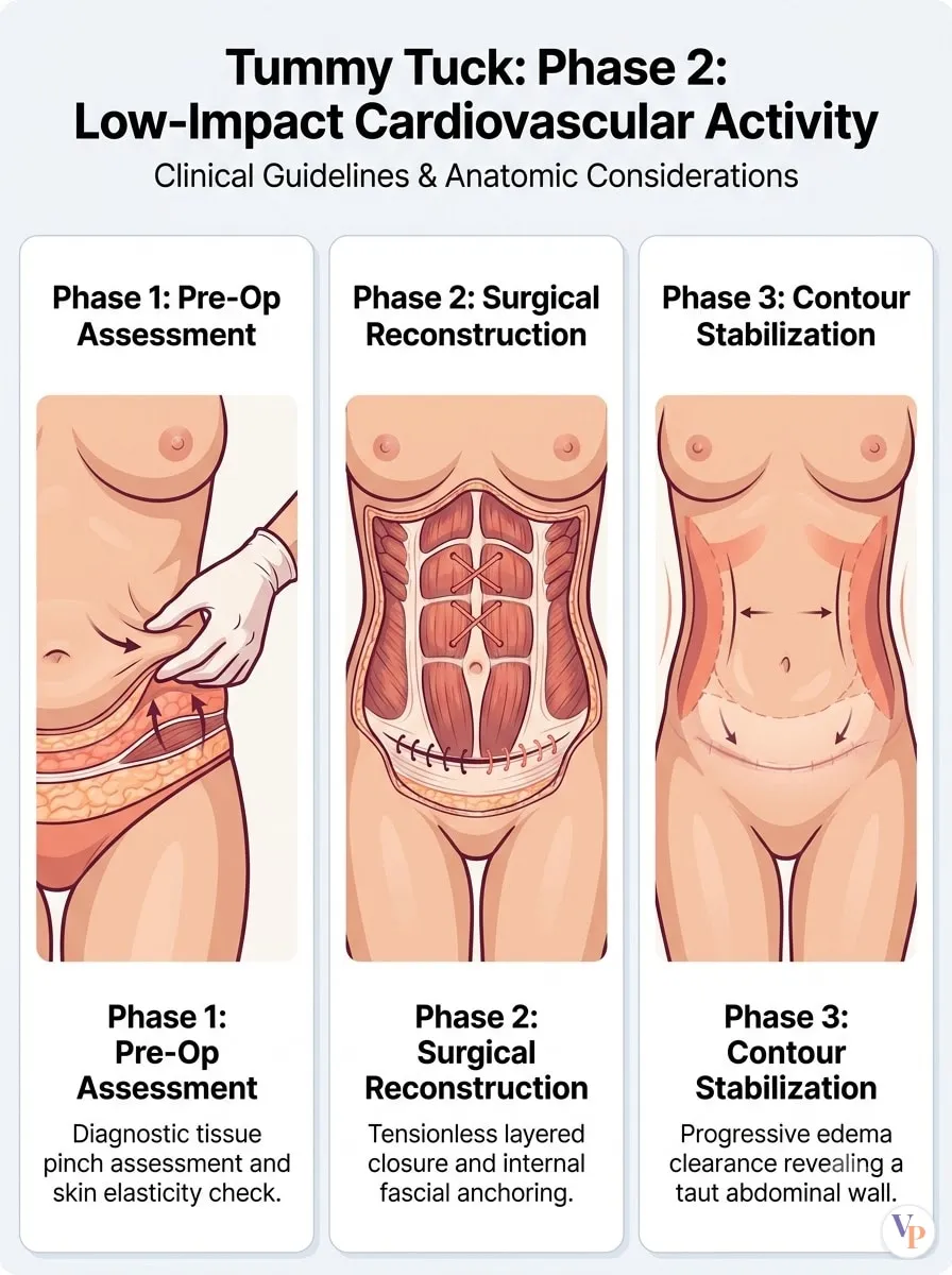 Medical schematic diagram illustrating Phase 2: Low-Impact Cardiovascular Activity in tummy tuck surgery by Dr. Vishal Purohit in Jaipur