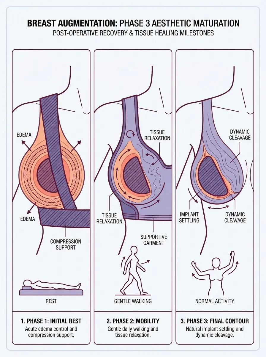 Medical schematic diagram illustrating phase 3: aesthetic maturation and long-term healing (month 1 and beyond) in breast augmentation surgery by Dr. Vishal Purohit in Jaipur