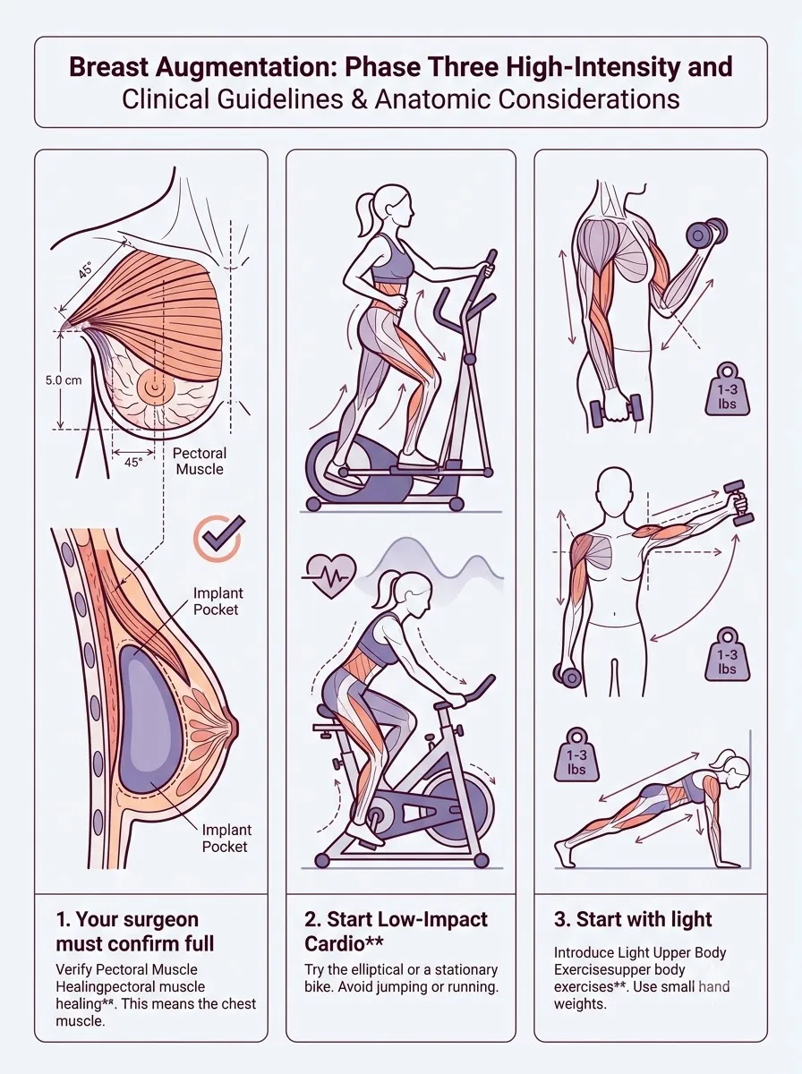 Medical schematic diagram illustrating phase three: high-intensity and weight training in breast augmentation surgery by Dr. Vishal Purohit in Jaipur