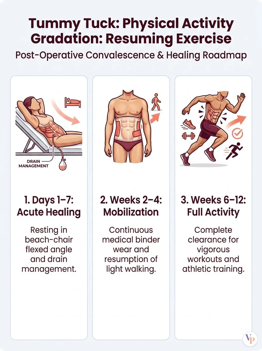 Medical schematic diagram illustrating Physical Activity Gradation: Resuming Exercise in tummy tuck surgery by Dr. Vishal Purohit in Jaipur