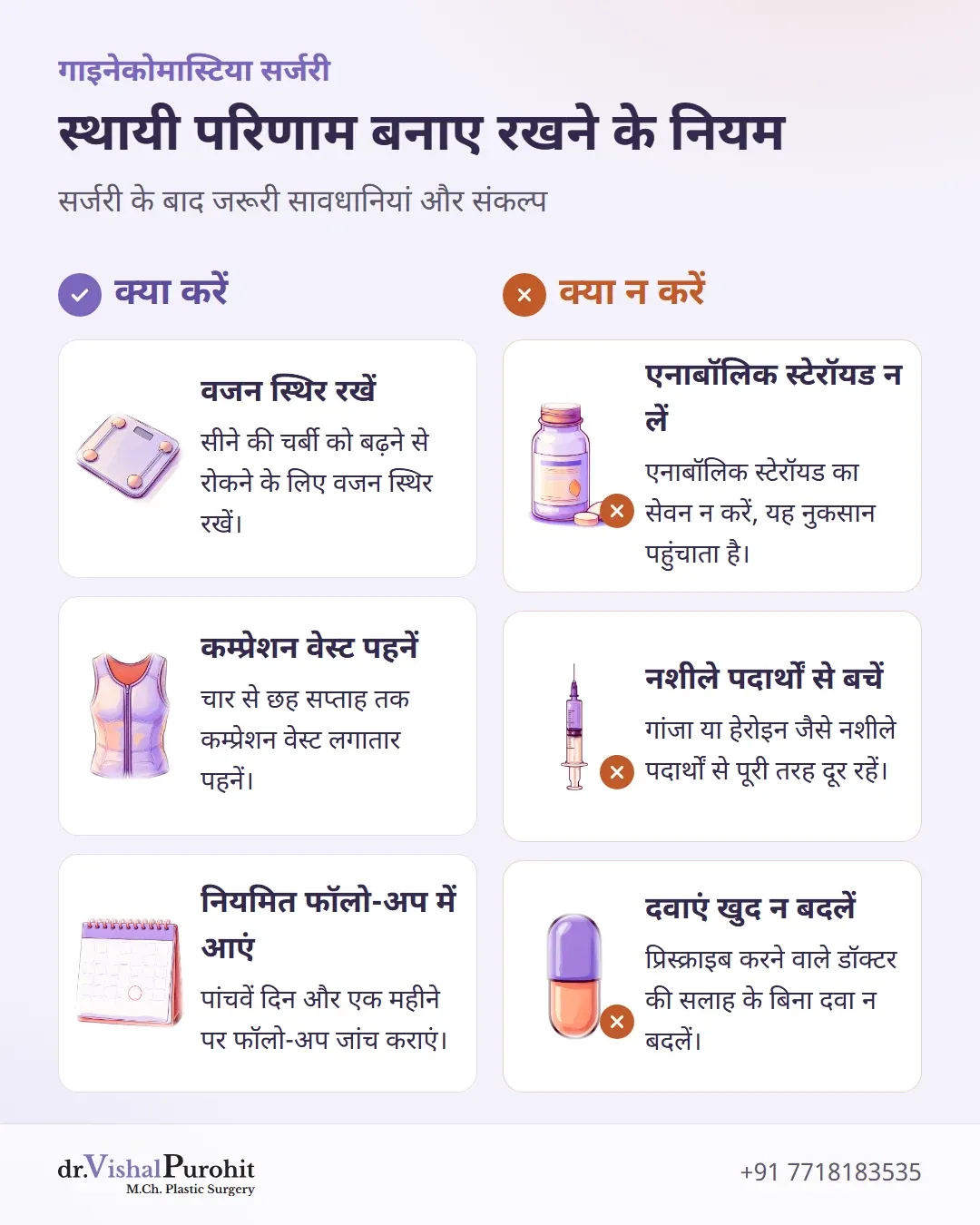 गाइनेकोमास्टिया सर्जरी के परिणाम स्थायी रखने के लिए क्या करें और क्या न करें की सूची।