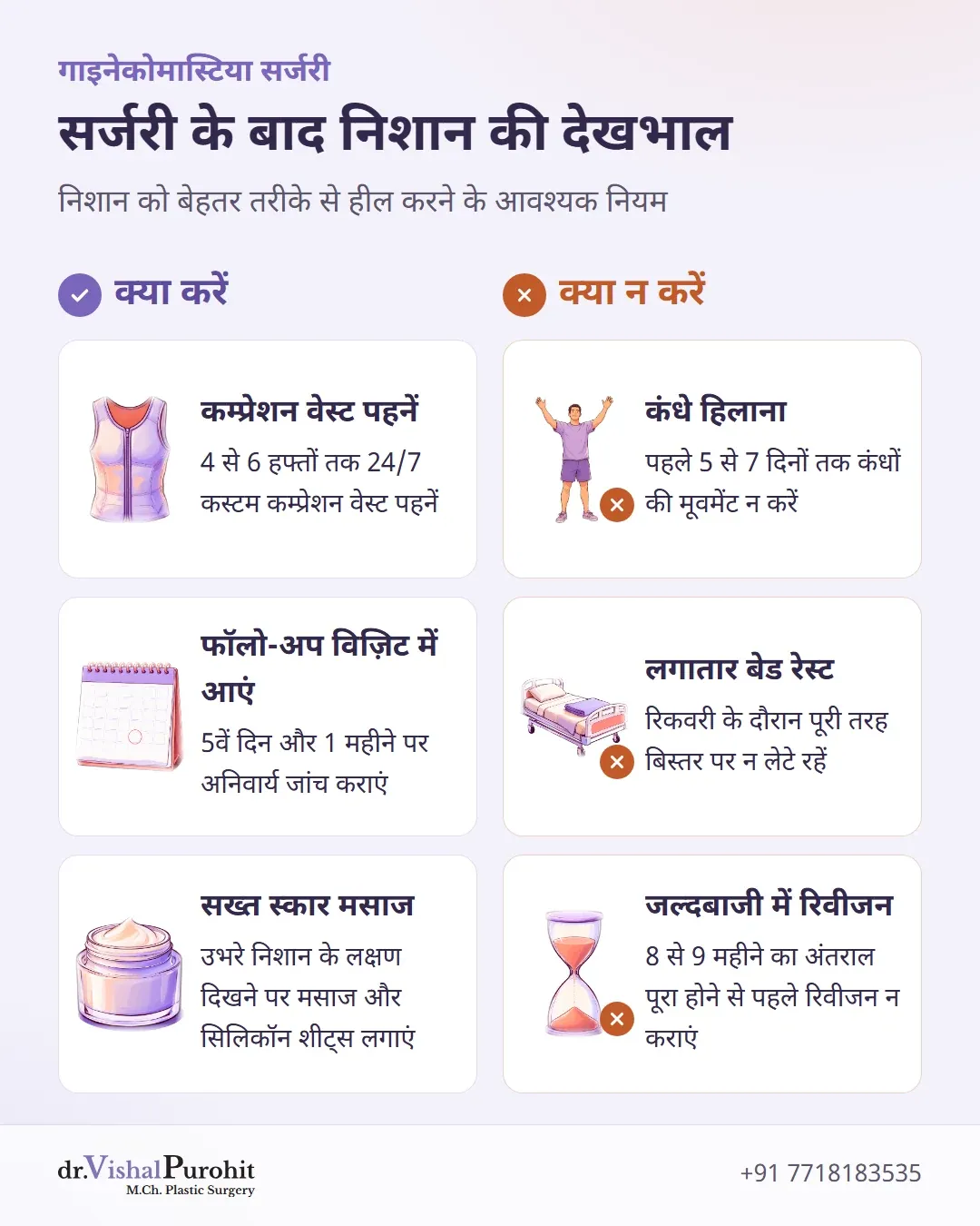गाइनेकोमास्टिया सर्जरी के बाद निशान की उचित देखभाल के लिए क्या करें और क्या न करें चेकलिस्ट।