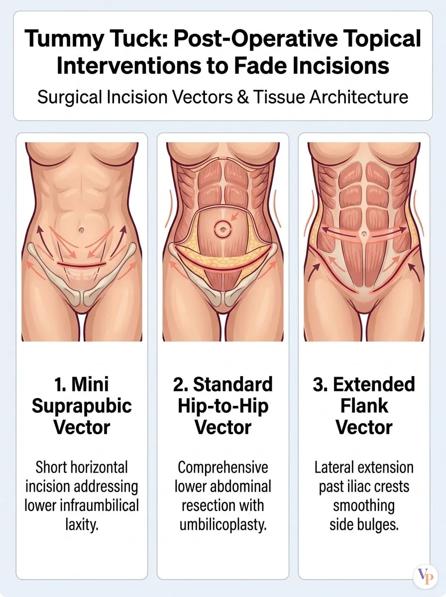 Medical schematic diagram illustrating Post-Operative Topical Interventions to Fade Incisions in tummy tuck surgery by Dr. Vishal Purohit in Jaipur