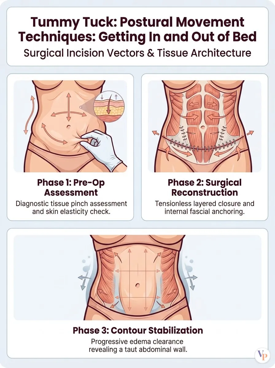 Medical schematic diagram illustrating Postural Movement Techniques: Getting In and Out of Bed in tummy tuck surgery by Dr. Vishal Purohit in Jaipur