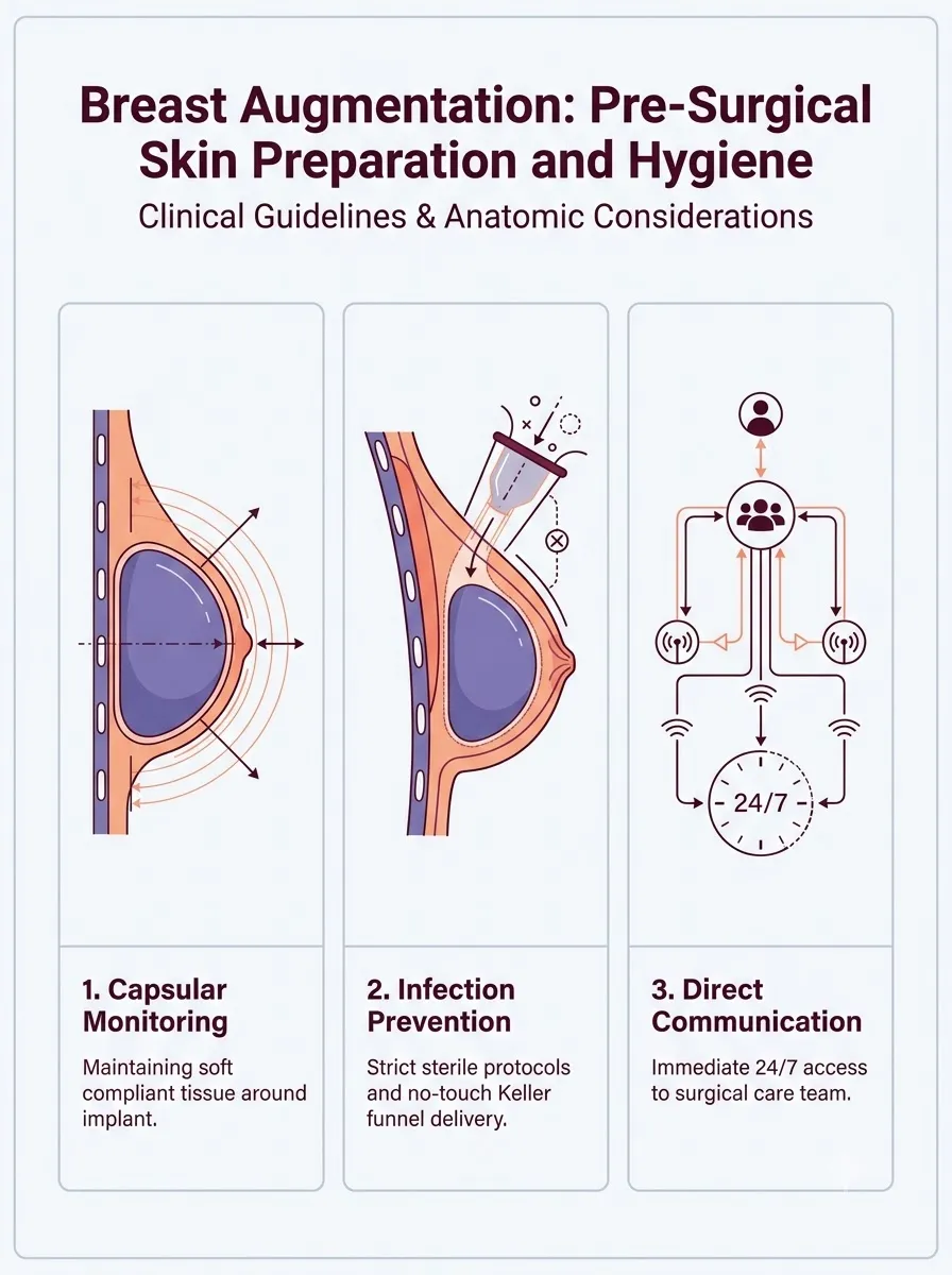 Medical schematic diagram illustrating pre-surgical skin preparation and hygiene in breast augmentation surgery by Dr. Vishal Purohit in Jaipur