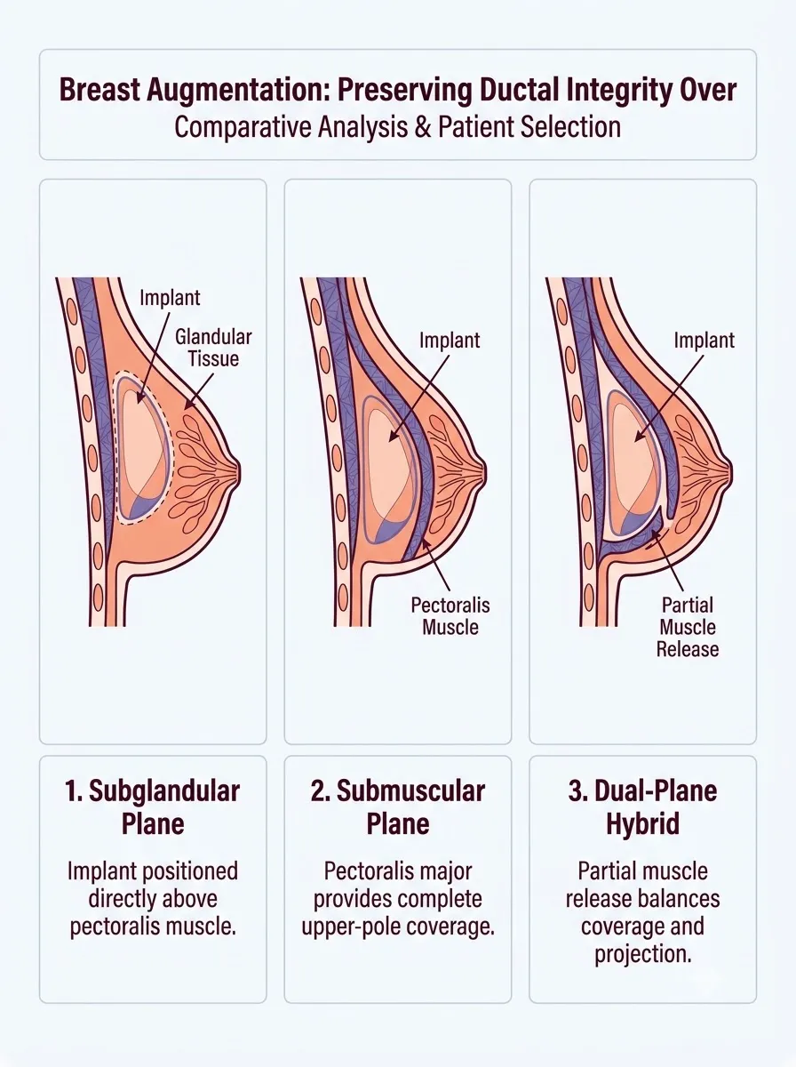 Medical schematic diagram illustrating preserving ductal integrity: over vs. under the muscle in breast augmentation surgery by Dr. Vishal Purohit in Jaipur