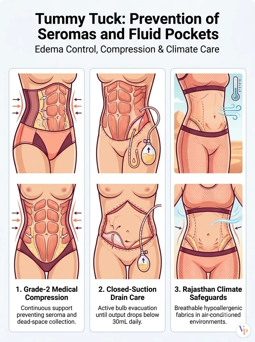Medical schematic diagram illustrating Prevention of Seromas and Fluid Pockets in tummy tuck surgery by Dr. Vishal Purohit in Jaipur