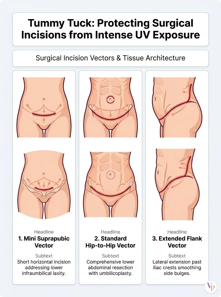 Medical schematic diagram illustrating Protecting Surgical Incisions from Intense UV Exposure in tummy tuck surgery by Dr. Vishal Purohit in Jaipur