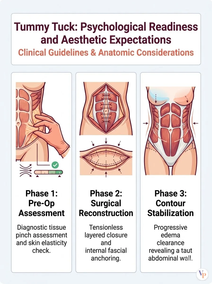 Medical schematic diagram illustrating Psychological Readiness and Aesthetic Expectations in tummy tuck surgery by Dr. Vishal Purohit in Jaipur