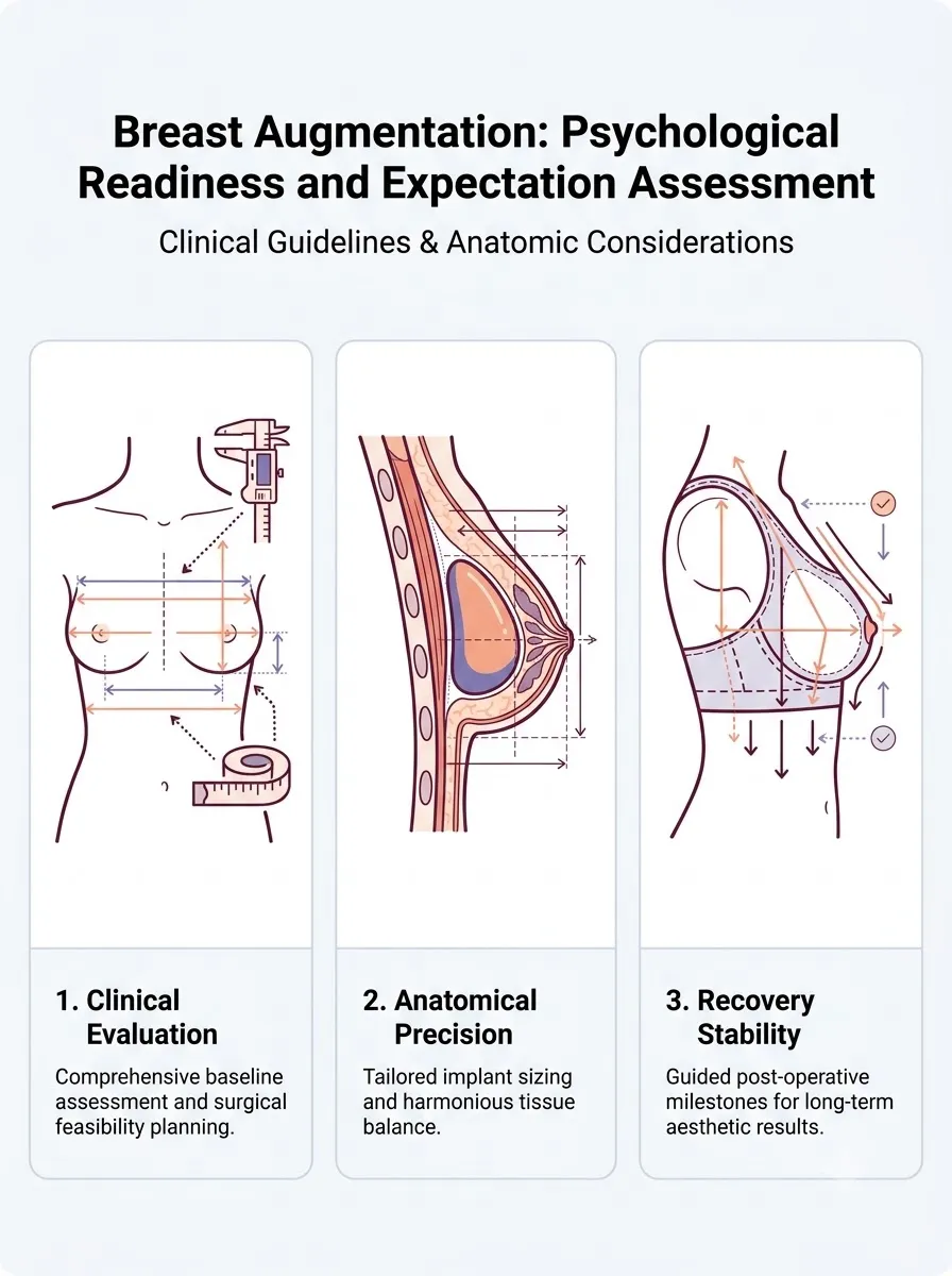 Medical schematic diagram illustrating psychological readiness and expectation assessment in breast augmentation surgery by Dr. Vishal Purohit in Jaipur