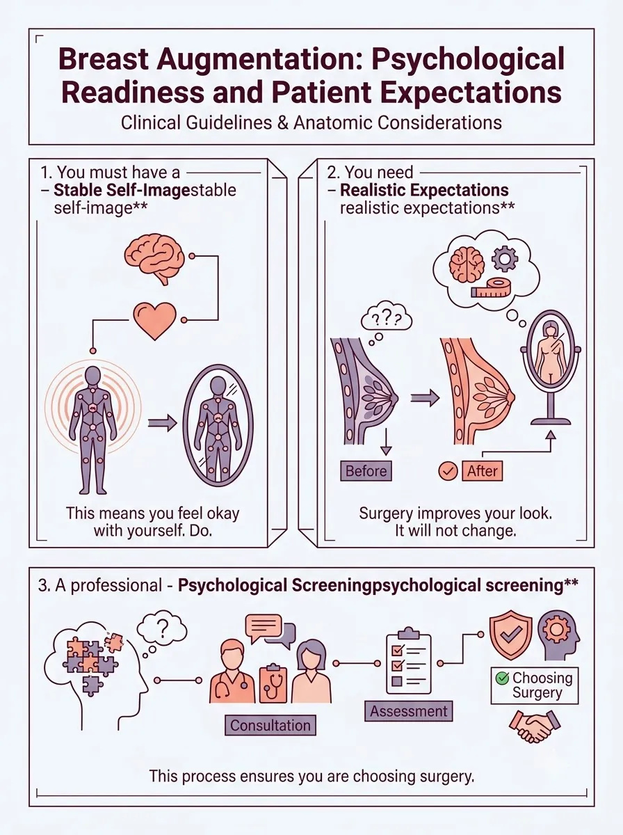 Medical schematic diagram illustrating psychological readiness and patient expectations in breast augmentation surgery by Dr. Vishal Purohit in Jaipur