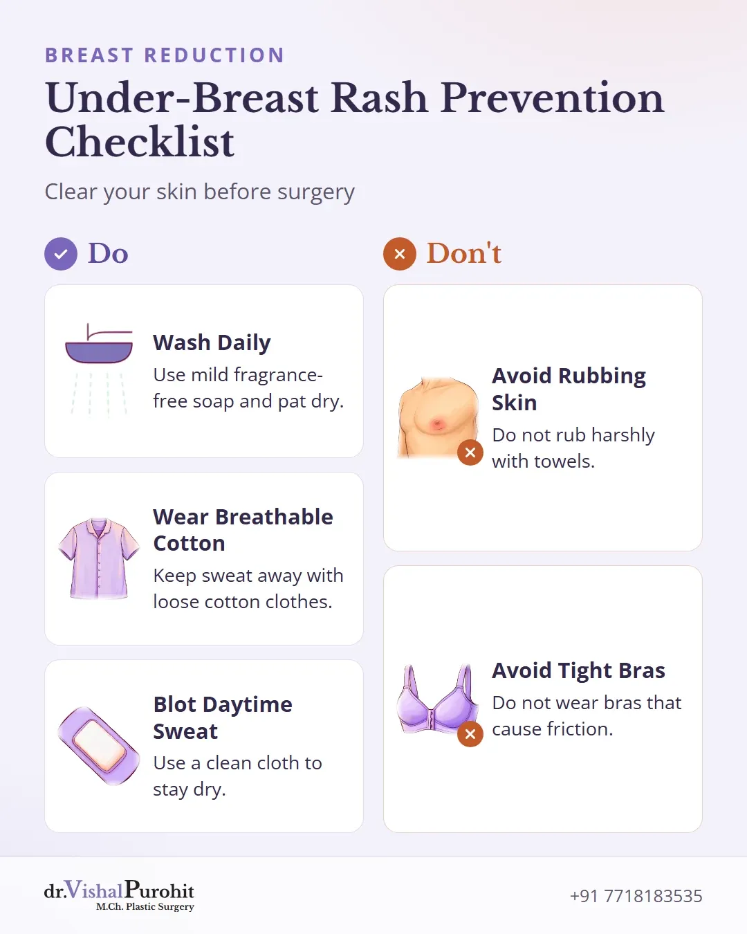 Dos and don’ts checklist for managing under-breast rashes before surgery.