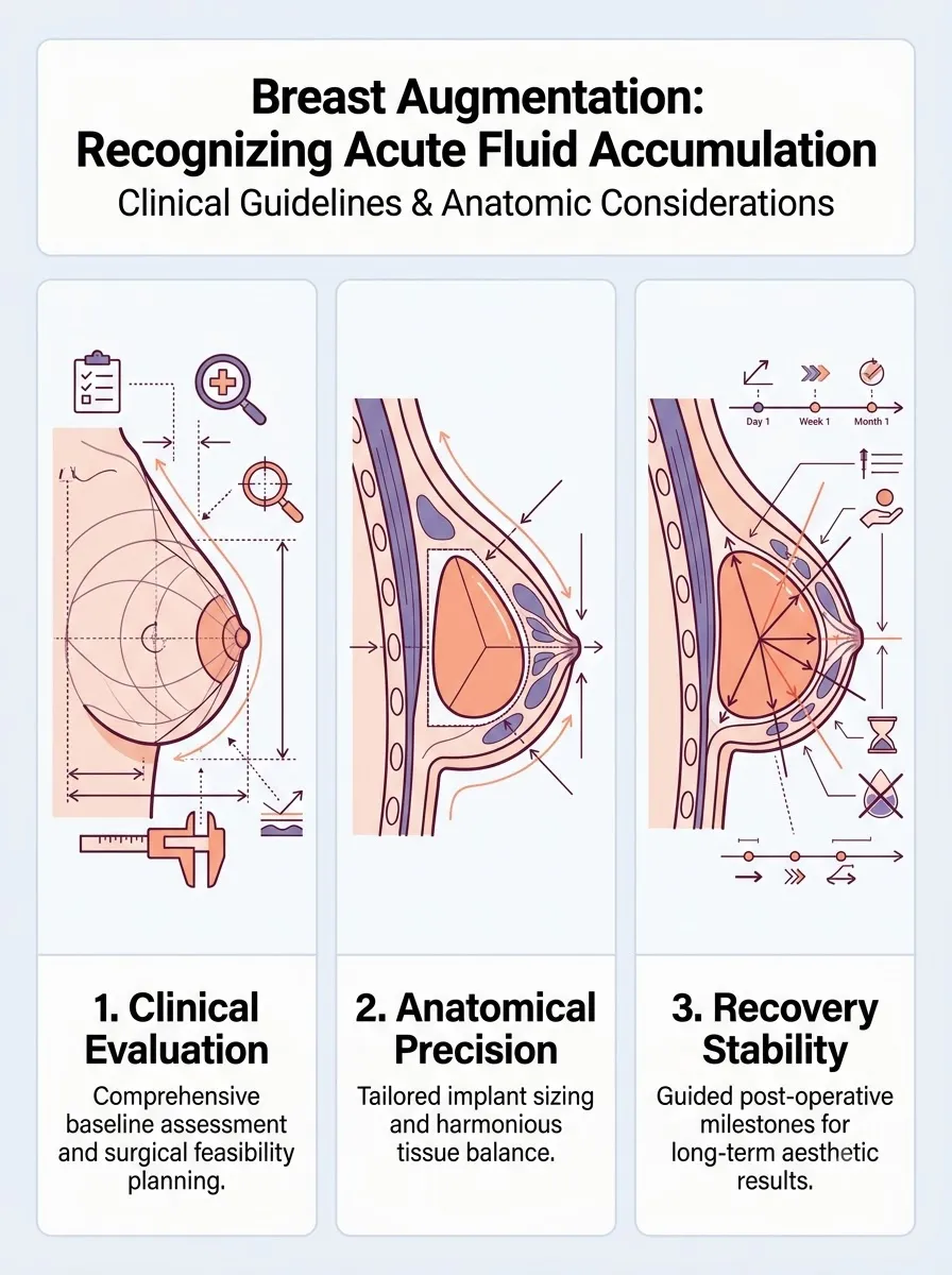 Medical schematic diagram illustrating recognizing acute fluid accumulation: hematoma and seroma in breast augmentation surgery by Dr. Vishal Purohit in Jaipur