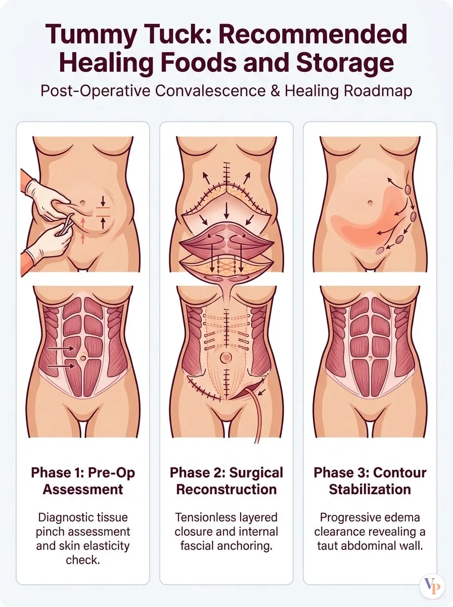 Medical schematic diagram illustrating Recommended Healing Foods and Storage in tummy tuck surgery by Dr. Vishal Purohit in Jaipur