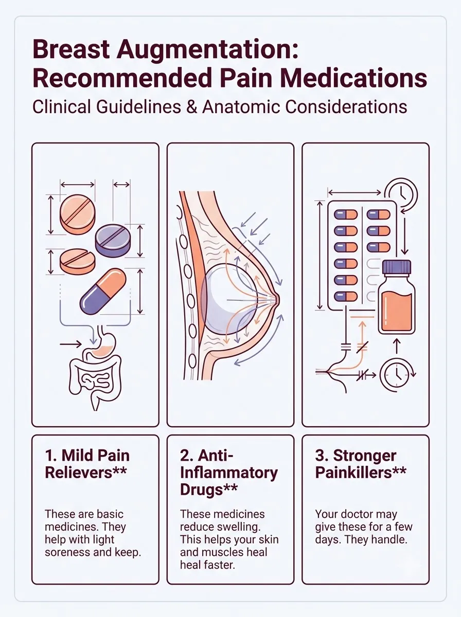 Medical schematic diagram illustrating recommended pain medications in breast augmentation surgery by Dr. Vishal Purohit in Jaipur