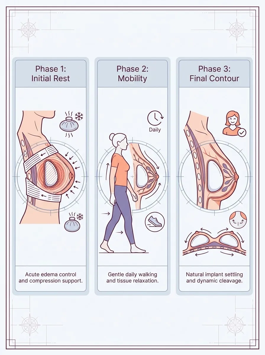 Medical schematic diagram illustrating recovery and downtime: what to expect in breast augmentation surgery by Dr. Vishal Purohit in Jaipur