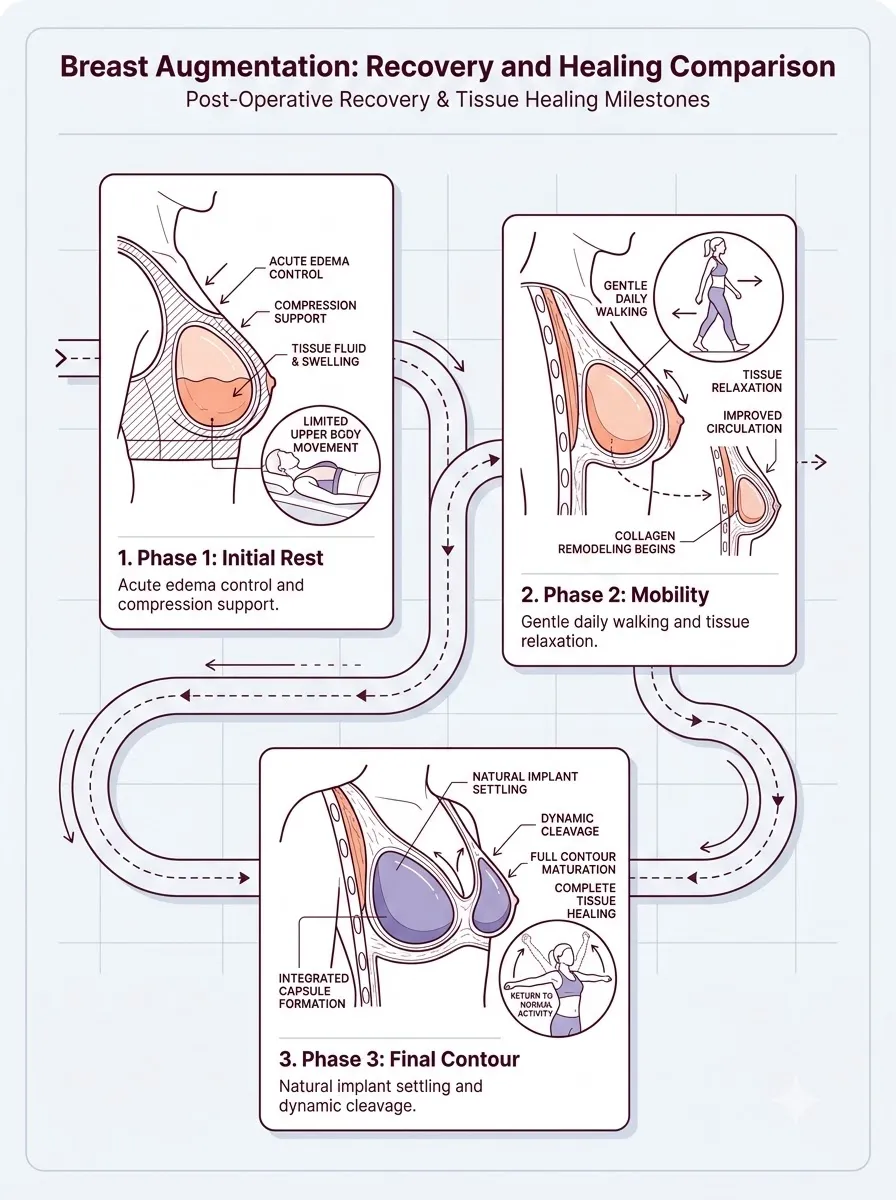 Medical schematic diagram illustrating recovery and healing comparison in breast augmentation surgery by Dr. Vishal Purohit in Jaipur