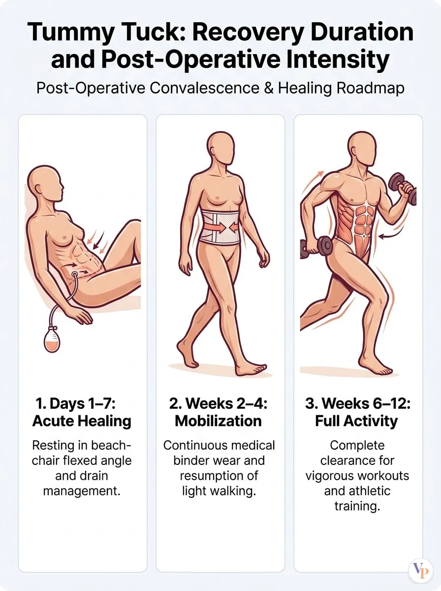 Medical schematic diagram illustrating Recovery Duration and Post-Operative Intensity in tummy tuck surgery by Dr. Vishal Purohit in Jaipur