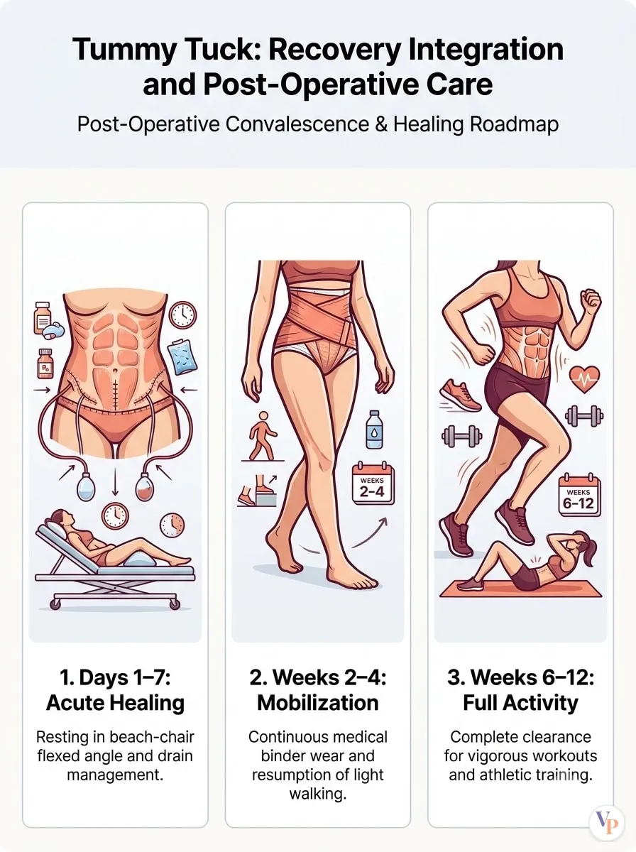 Medical schematic diagram illustrating Recovery Integration and Post-Operative Care in tummy tuck surgery by Dr. Vishal Purohit in Jaipur