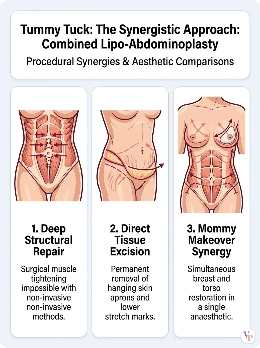 Medical schematic diagram illustrating Recovery Timeline and Post-Operative Care in tummy tuck surgery by Dr. Vishal Purohit in Jaipur