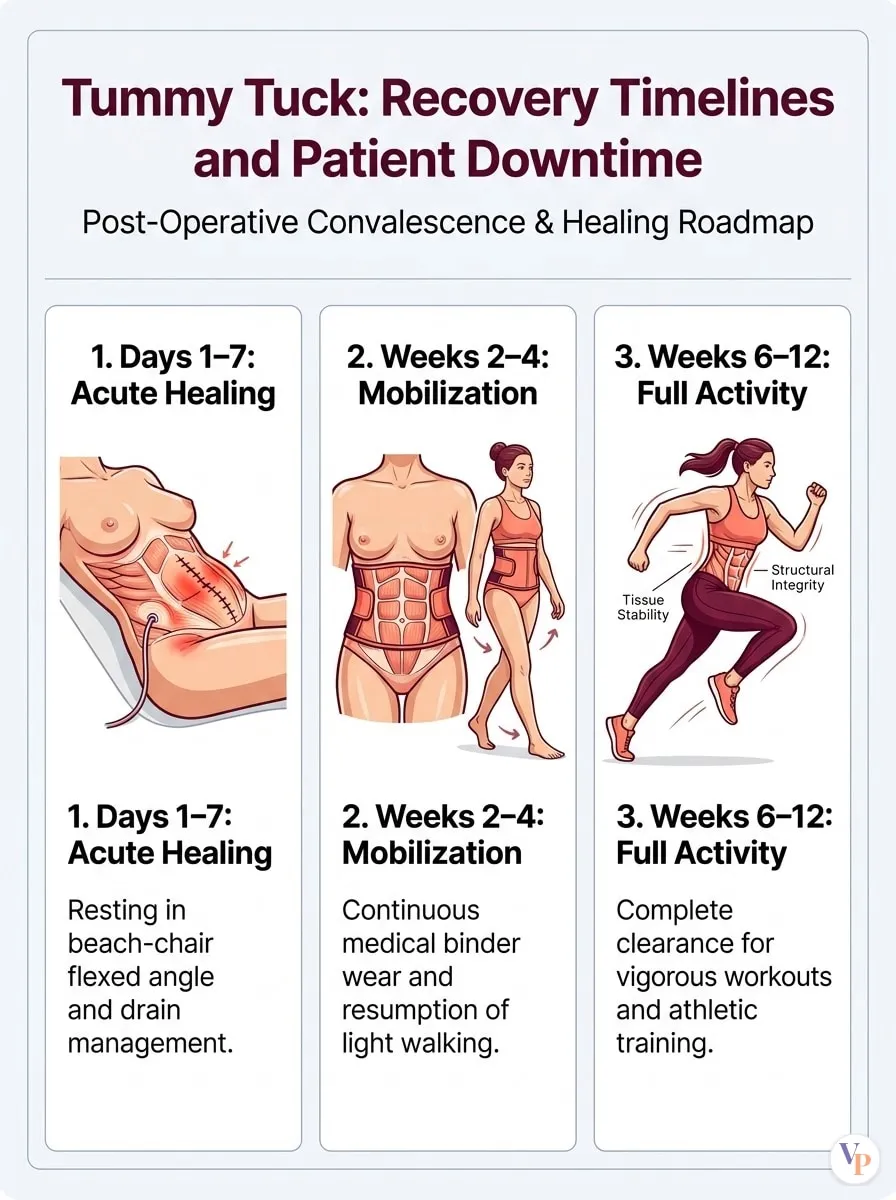 Medical schematic diagram illustrating Recovery Timelines and Patient Downtime in tummy tuck surgery by Dr. Vishal Purohit in Jaipur