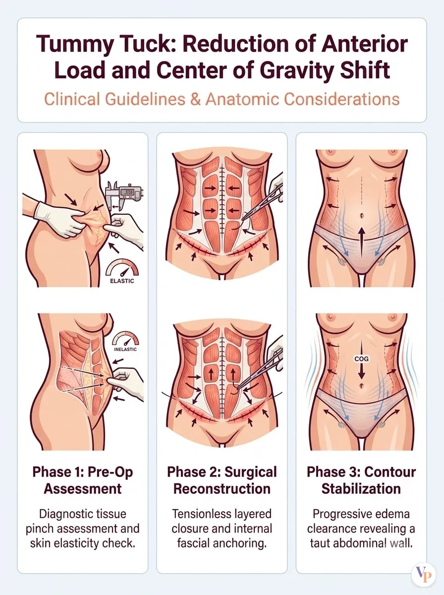 Medical schematic diagram illustrating Reduction of Anterior Load and Center of Gravity Shift in tummy tuck surgery by Dr. Vishal Purohit in Jaipur