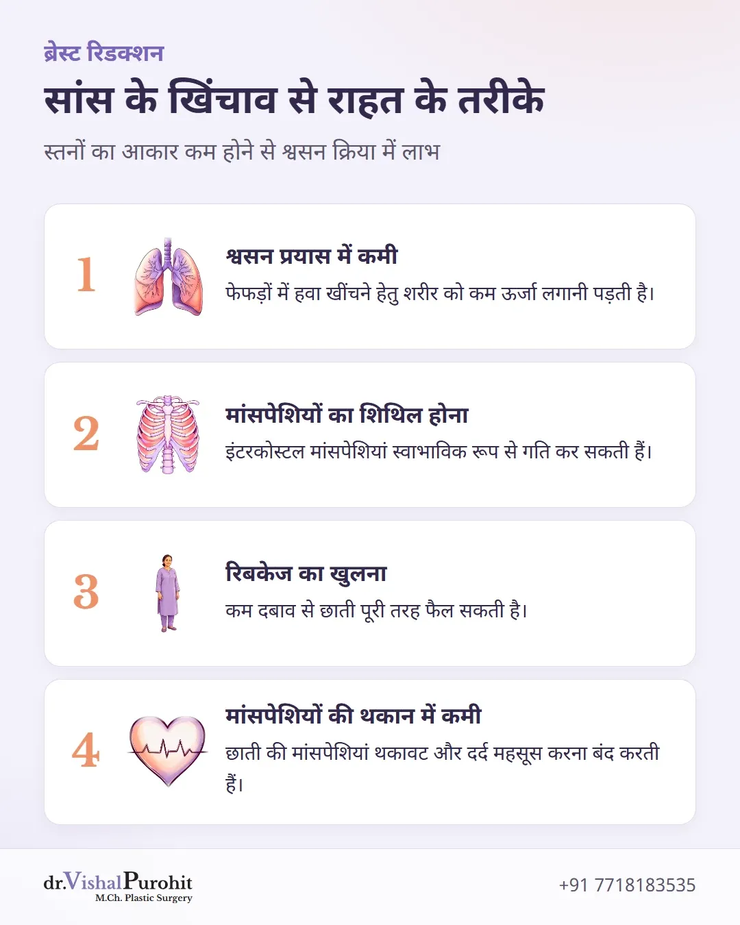 चार तरीके जिनसे ब्रेस्ट रिडक्शन श्वसन मांसपेशियों का तनाव कम करता है।